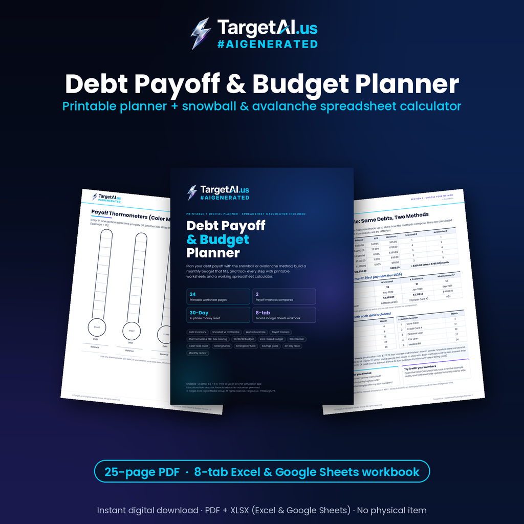 Debt Payoff & Budget Planner: Printable PDF + Snowball & Avalanche Spreadsheet Calculator