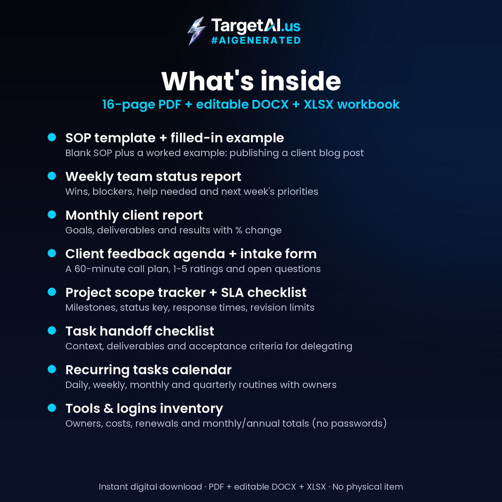 Agency Operations Template Kit: SOP Template, Status & Client Reports, Scope Tracker, SLA Checklist and Tools Inventory
