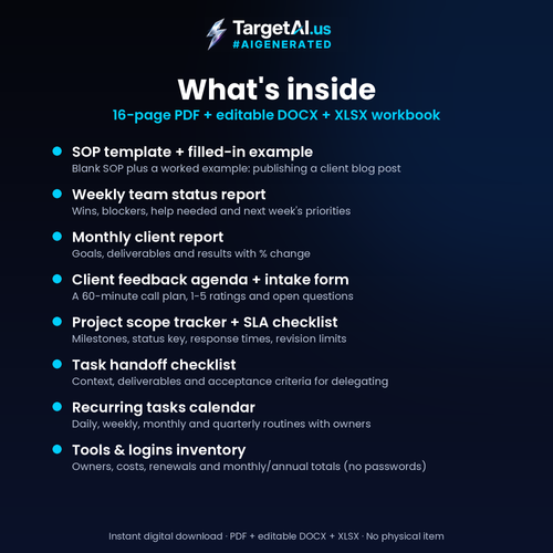 Agency Operations Template Kit: SOP Template, Status & Client Reports, Scope Tracker, SLA Checklist and Tools Inventory