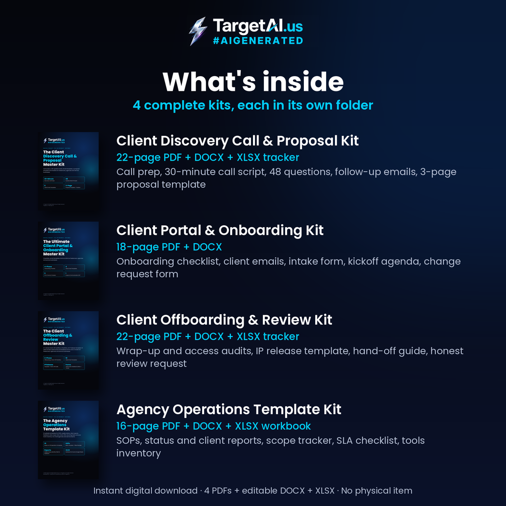 Agency Kit Bundle: Discovery Call & Proposal, Client Onboarding, Offboarding & Review, and Agency Operations Templates