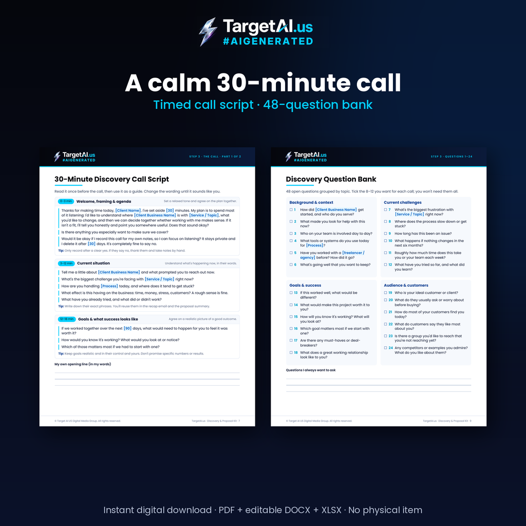 Client Discovery Call & Proposal Master Kit: Call Script, Question Bank, Email Templates and Proposal Template