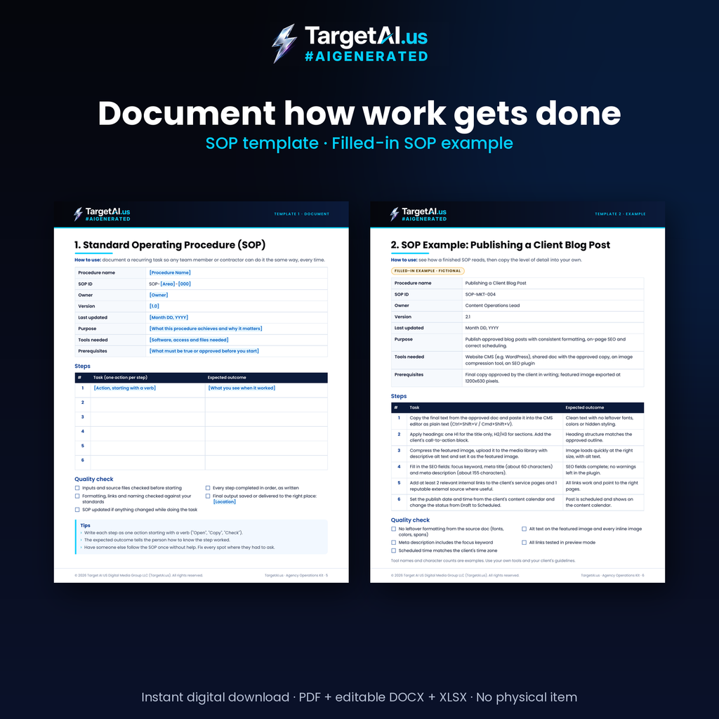 Agency Operations Template Kit: SOP Template, Status & Client Reports, Scope Tracker, SLA Checklist and Tools Inventory