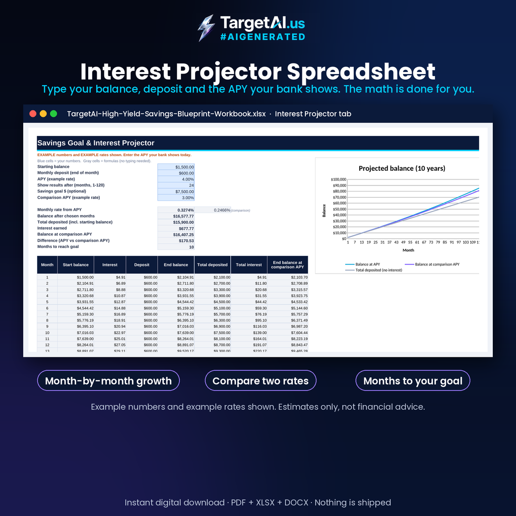 Interest projector tab of the savings spreadsheet