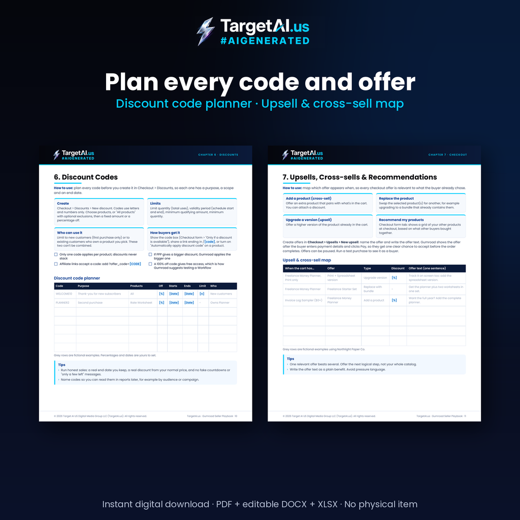 Gumroad Seller Playbook: Store Setup Guide, 30-Day Launch Plan, Pricing & Discount Planner, Email Calendar and Metrics Workbook