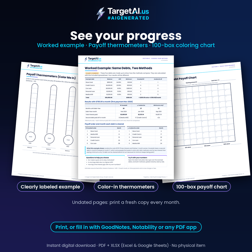 Debt Payoff & Budget Planner: Printable PDF + Snowball & Avalanche Spreadsheet Calculator