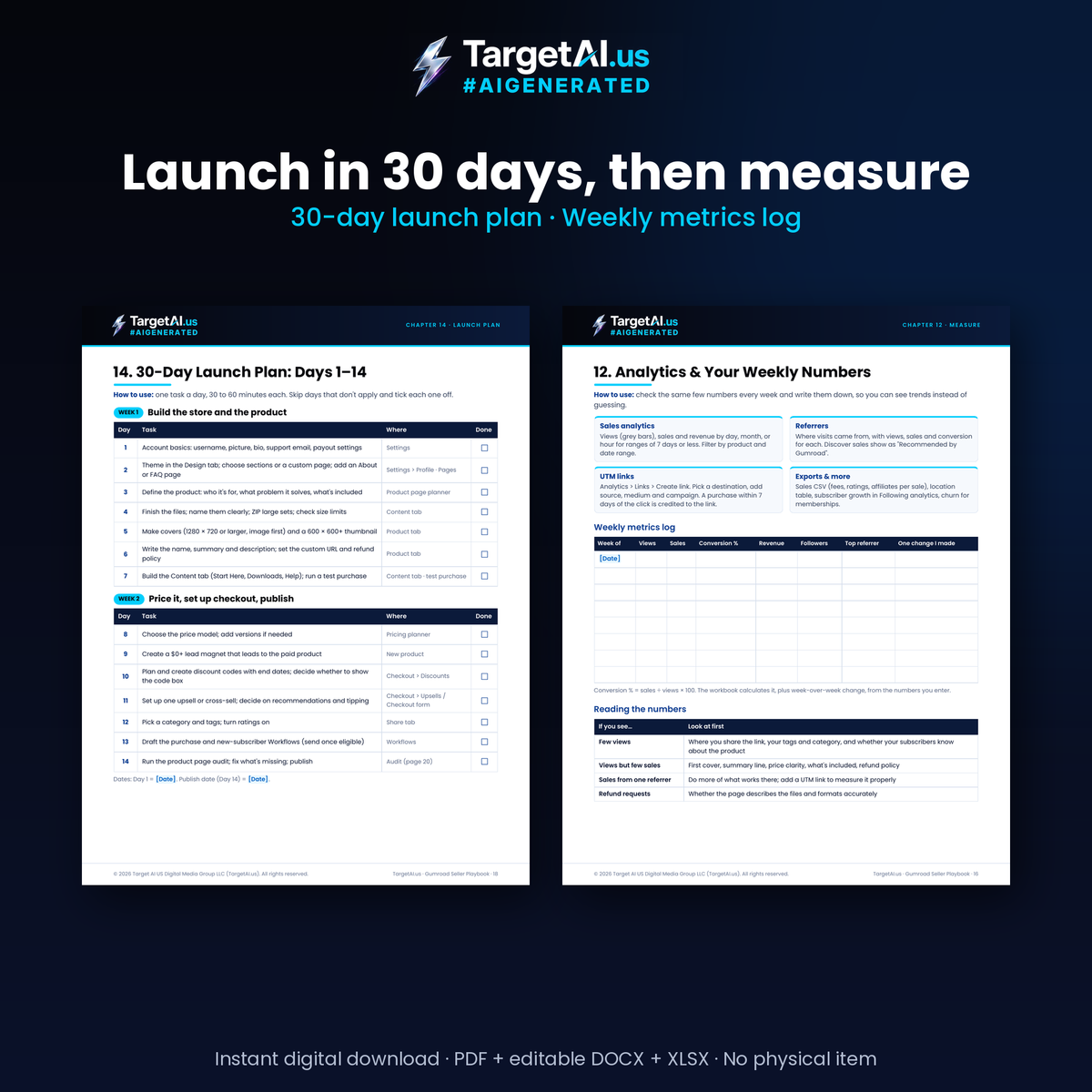 Gumroad Seller Playbook: Store Setup Guide, 30-Day Launch Plan, Pricing & Discount Planner, Email Calendar and Metrics Workbook