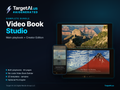 Video Book Studio Complete Bundle cover by TargetAI.us: dark background with the TargetAI lightning-bolt logo, the title, the line "Main playbook + Creator Edition", and screenshots of a family-style photo book and a gallery-style art book side by side.