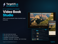 Video Book Studio cover by TargetAI.us: dark background with the TargetAI lightning-bolt logo, the title "Video Book Studio", the line "Start a personalized video & photo book business", and screenshots of the no-code builder and a finished page-turning photo book.