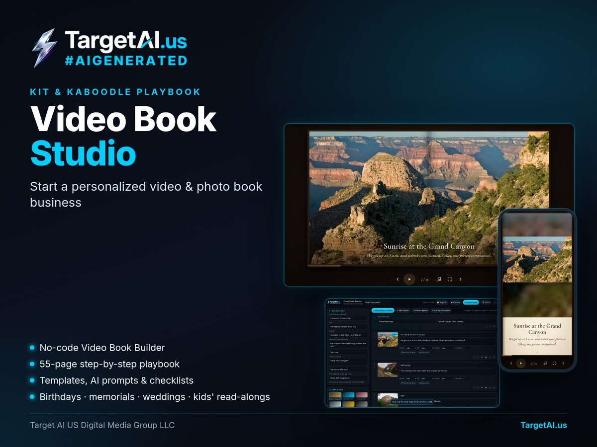 Video Book Studio cover by TargetAI.us: dark background with the TargetAI lightning-bolt logo, the title "Video Book Studio", the line "Start a personalized video & photo book business", and screenshots of the no-code builder and a finished page-turning photo book.