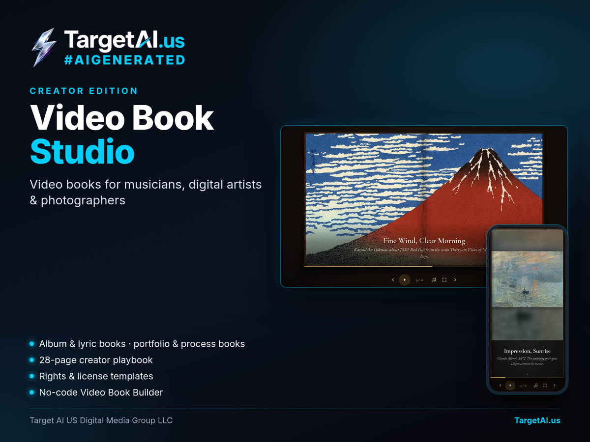 Video Book Studio: Creator Edition cover by TargetAI.us: dark background with the TargetAI lightning-bolt logo, the title, the line "Video books for musicians, digital artists and photographers", and screenshots of a dark gallery-style video book showing classic paintings.