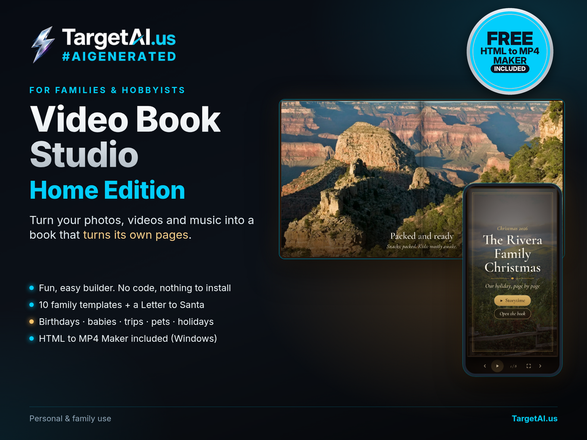Video Book Studio Home Edition cover: make family video and photo books with TargetAI.us