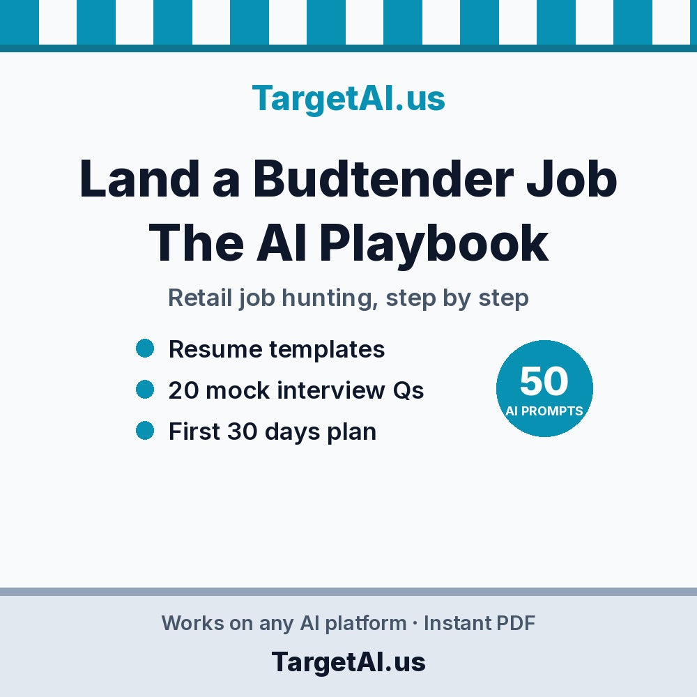Land a Budtender Job: The AI Playbook cover by TargetAI.us: resume templates, 20 mock interview questions and a first 30 days plan, 50 AI prompts