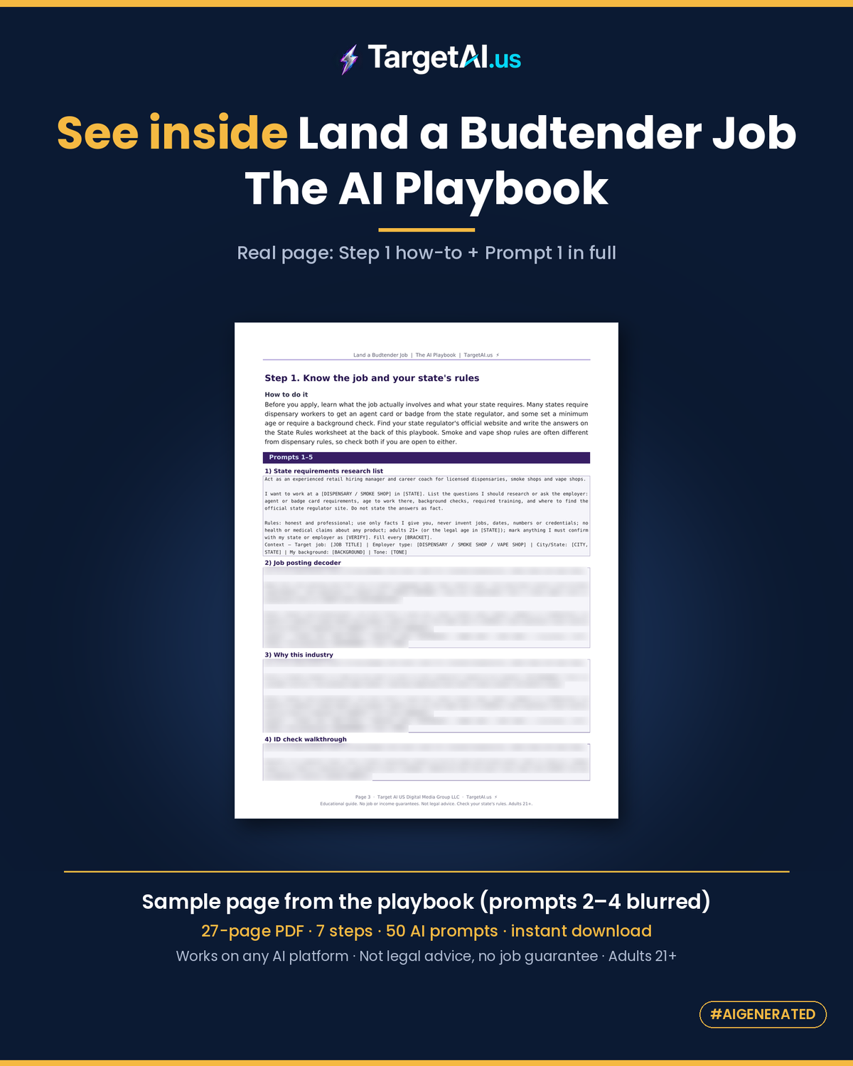 Real page from Land a Budtender Job: The AI Playbook: Step 1, know the job and your state's rules, with prompt 1 shown in full and prompts 2 to 4 blurred. 27-page PDF, 7 steps, 50 AI prompts.