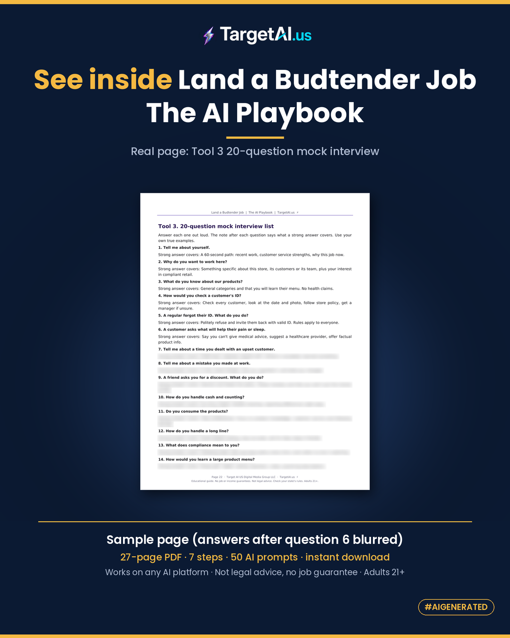 Real page from Land a Budtender Job: The AI Playbook: Tool 3, the 20-question mock interview list with notes on what a strong answer covers. Answers after question 6 are blurred.