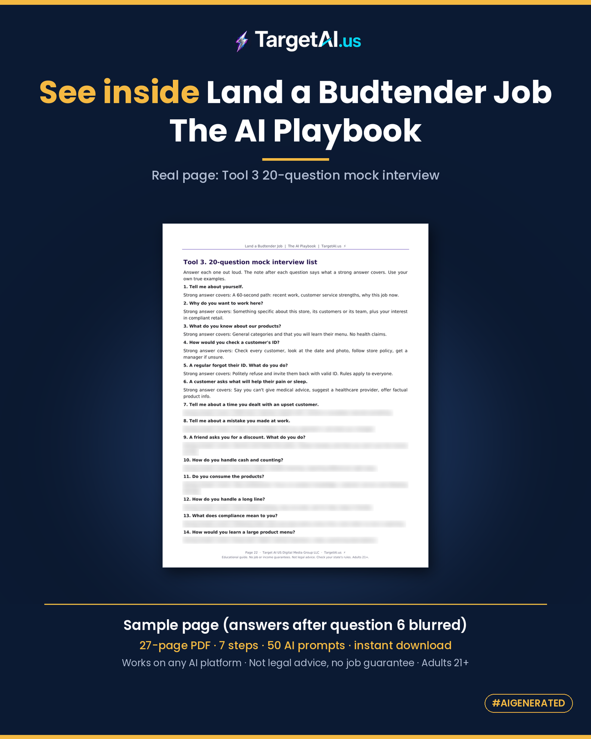 Real page from Land a Budtender Job: The AI Playbook: Tool 3, the 20-question mock interview list with notes on what a strong answer covers. Answers after question 6 are blurred.