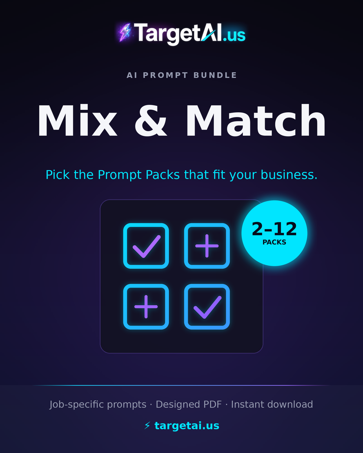 TargetAI Mix & Match cover by TargetAI.us: dark purple background with white and cyan text and four glowing check-and-plus icons representing 2–12 prompt packs.