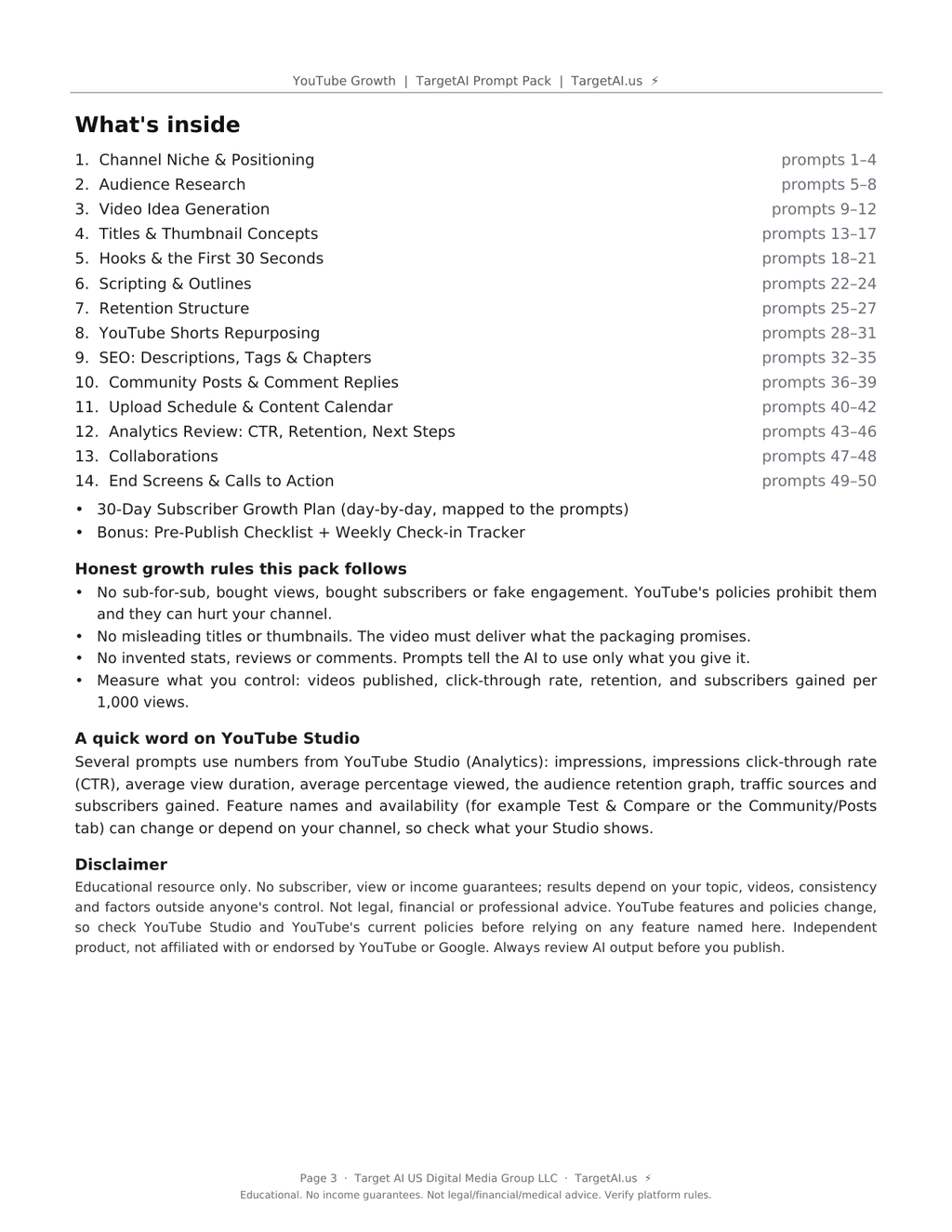 Preview page: what is inside the YouTube Growth Prompt Pack, with sections and bonuses