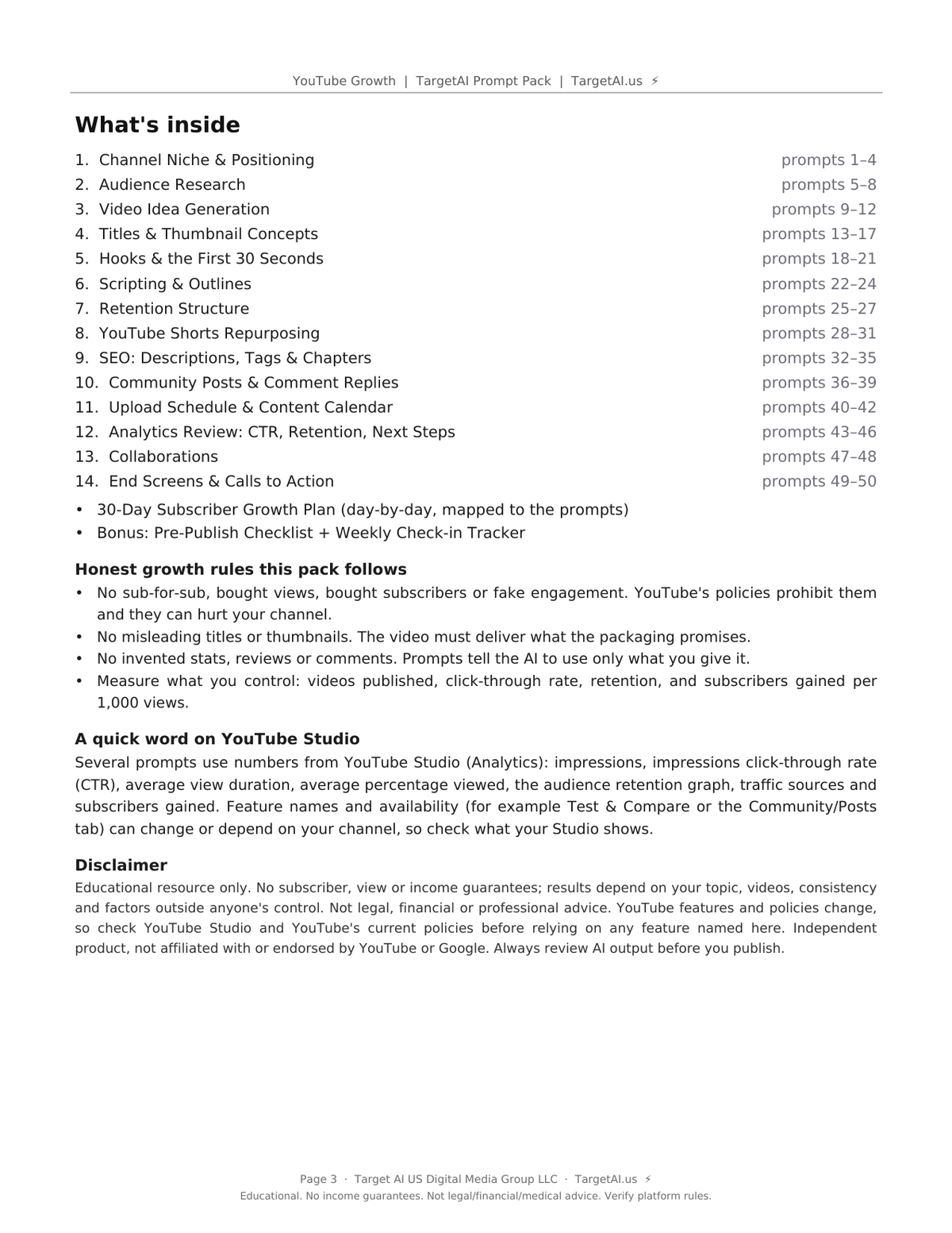 Preview page: what is inside the YouTube Growth Prompt Pack, with sections and bonuses
