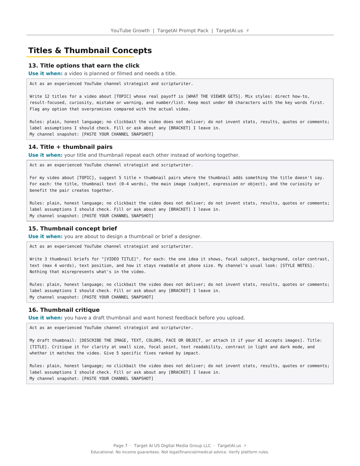 Preview page: example prompts for YouTube titles and thumbnail ideas