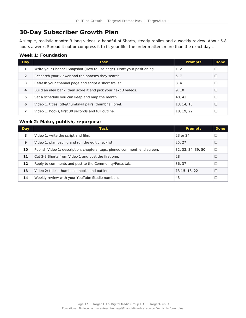 Preview page: the 30-day subscriber growth plan checklist