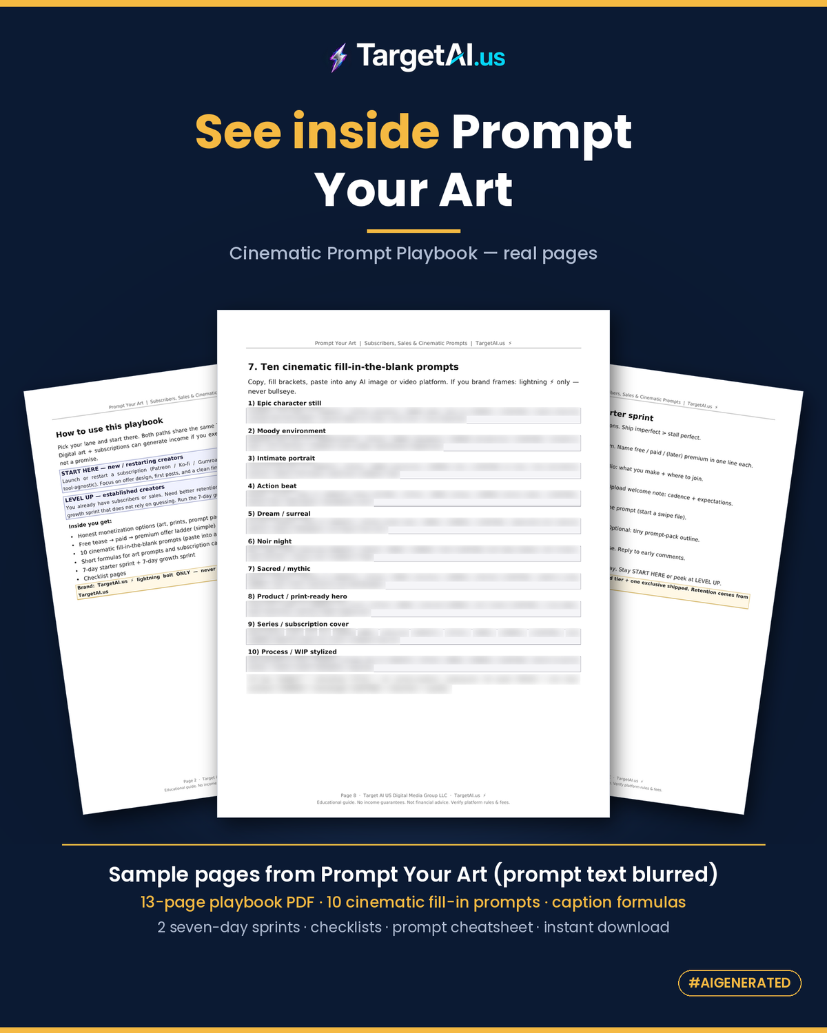 Three real pages from the Prompt Your Art: Cinematic Prompt Playbook PDF on a navy background: How to use this playbook, the ten cinematic fill-in-the-blank prompts page with the prompt text blurred, and the 7-day starter sprint. 13-page PDF with 10 cinematic prompts, caption formulas, two 7-day sprints, checklists and a prompt cheatsheet. Instant download.