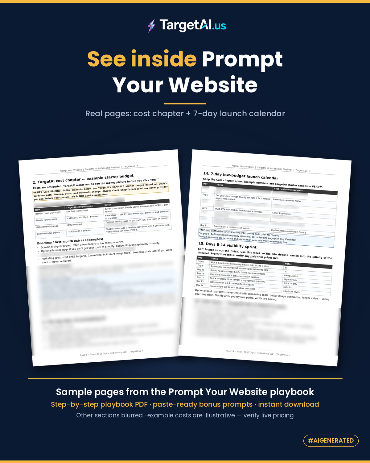 Two real pages from the Prompt Your Website playbook PDF on a navy background: the example starter-budget cost chapter and the 7-day low-budget launch calendar with Days 8-14 visibility sprint. Other sections are blurred. Step-by-step playbook PDF, paste-ready bonus prompts, instant download.