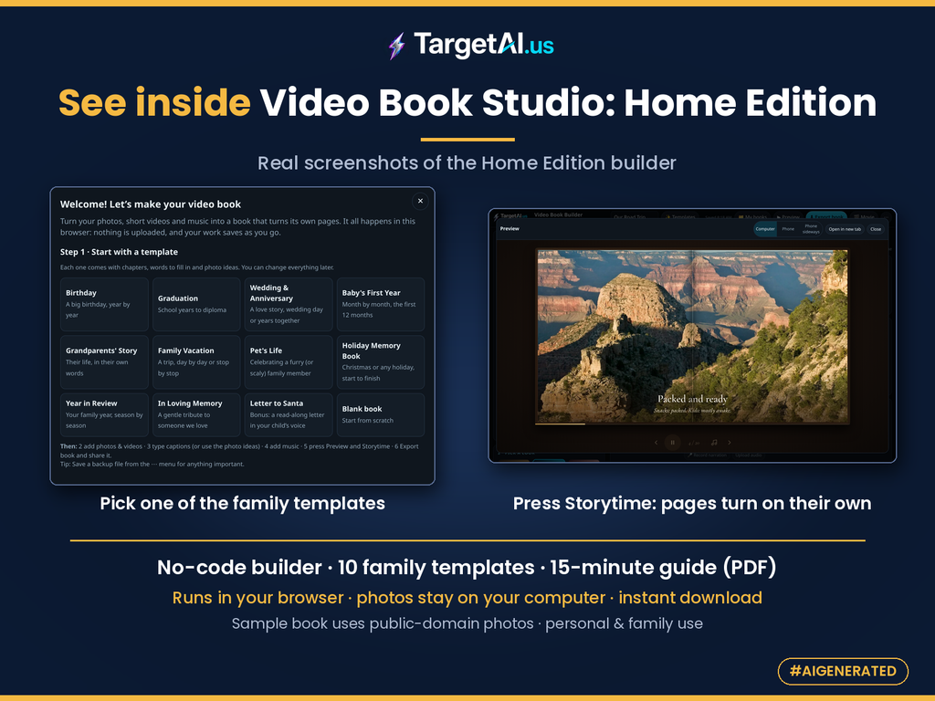 Real screenshots of the Video Book Studio: Home Edition builder: the family template picker and a Storytime preview of the public-domain sample road-trip book. No-code builder, 10 family templates, 10-page PDF guide.