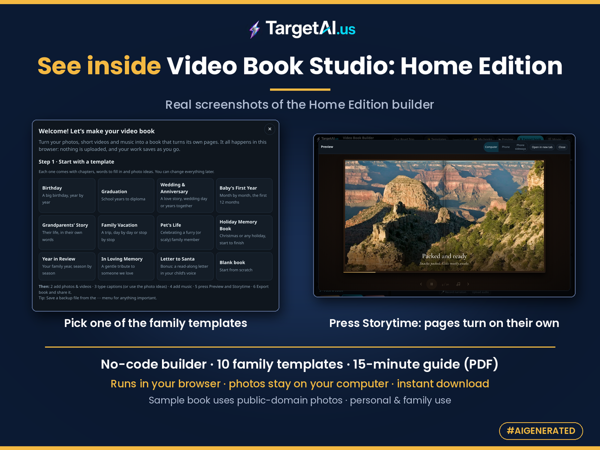 Real screenshots of the Video Book Studio: Home Edition builder: the family template picker and a Storytime preview of the public-domain sample road-trip book. No-code builder, 10 family templates, 10-page PDF guide.