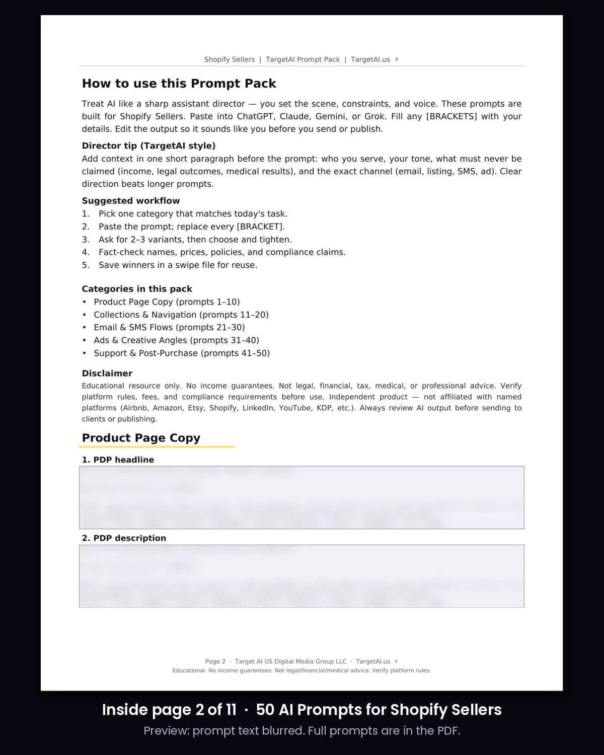 Sample page from 50 AI Prompts for Shopify Sellers (prompt text blurred)
