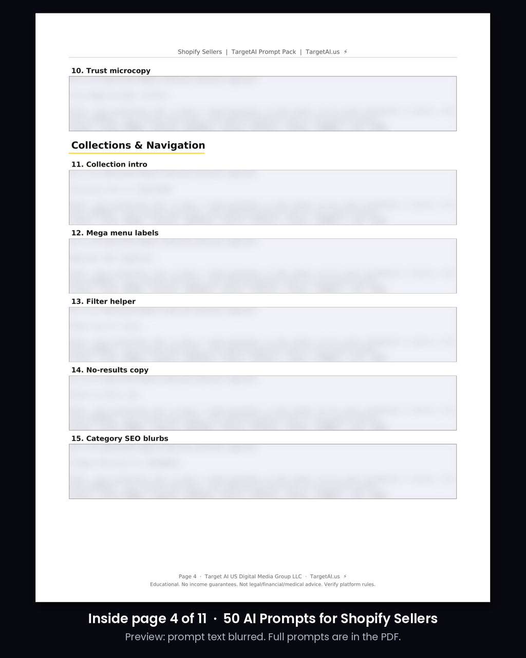Sample page from 50 AI Prompts for Shopify Sellers (prompt text blurred)