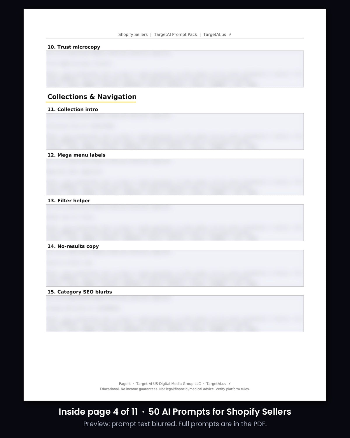 Sample page from 50 AI Prompts for Shopify Sellers (prompt text blurred)