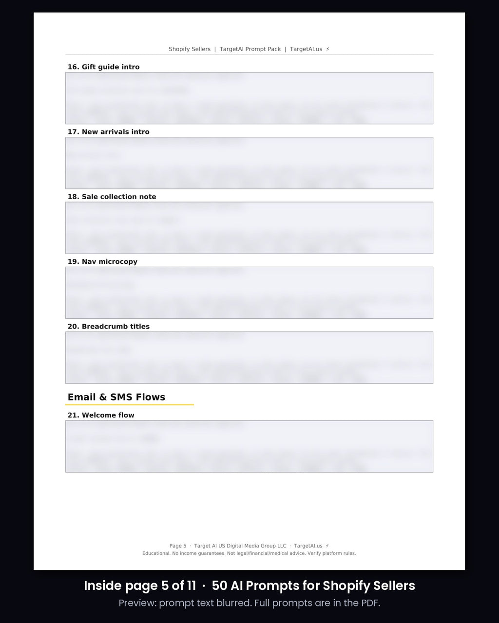 Sample page from 50 AI Prompts for Shopify Sellers (prompt text blurred)
