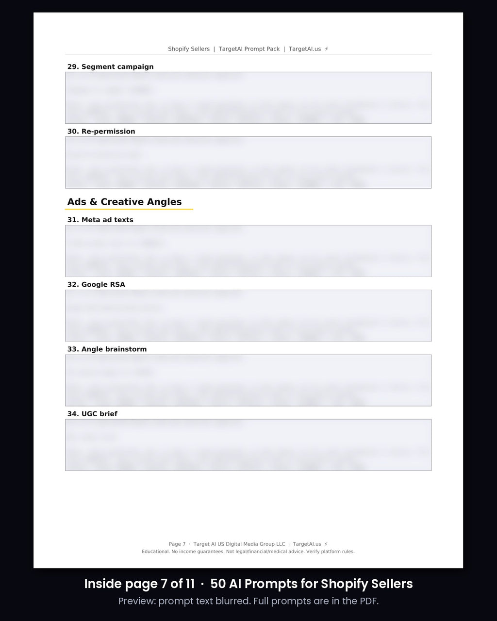 Sample page from 50 AI Prompts for Shopify Sellers (prompt text blurred)