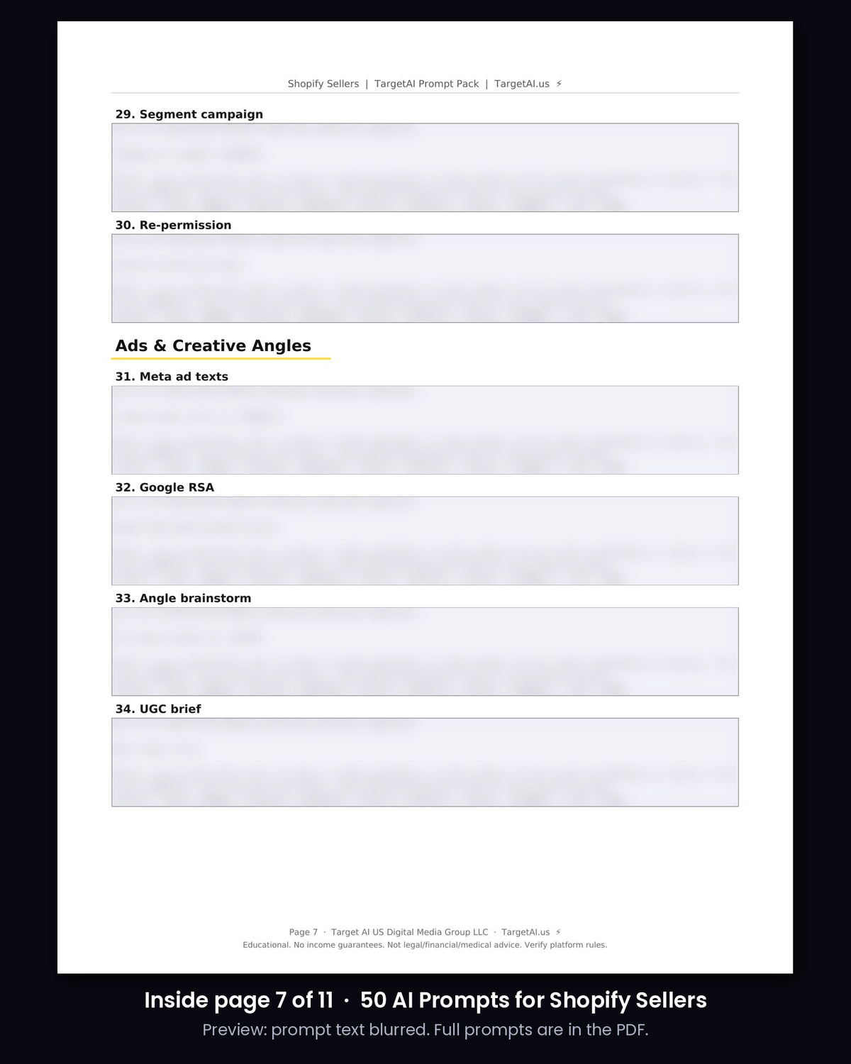 Sample page from 50 AI Prompts for Shopify Sellers (prompt text blurred)